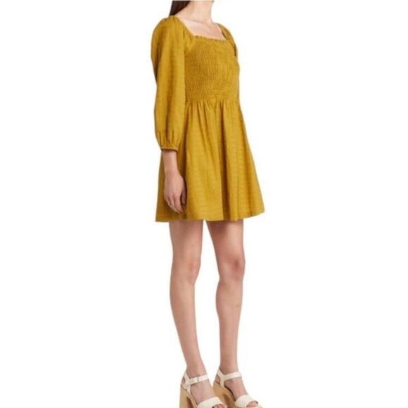 LOST + WANDER ecru olive 100% cotton smocked bodice minidress Size M - Picture 2 of 9